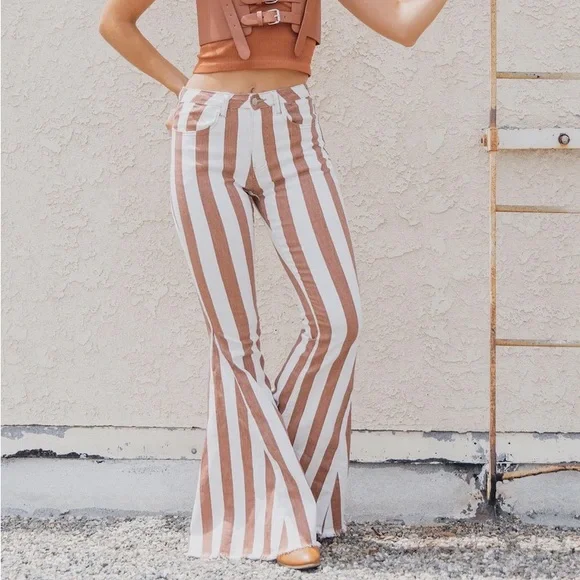 Jeans Stripe Denim Flare Western Boho Stretched Bell Bottom